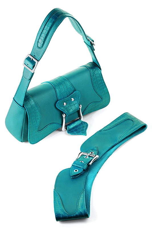 Turquoise blue women's dress handbag, matching pumps and belts. Worn view - Florence KOOIJMAN